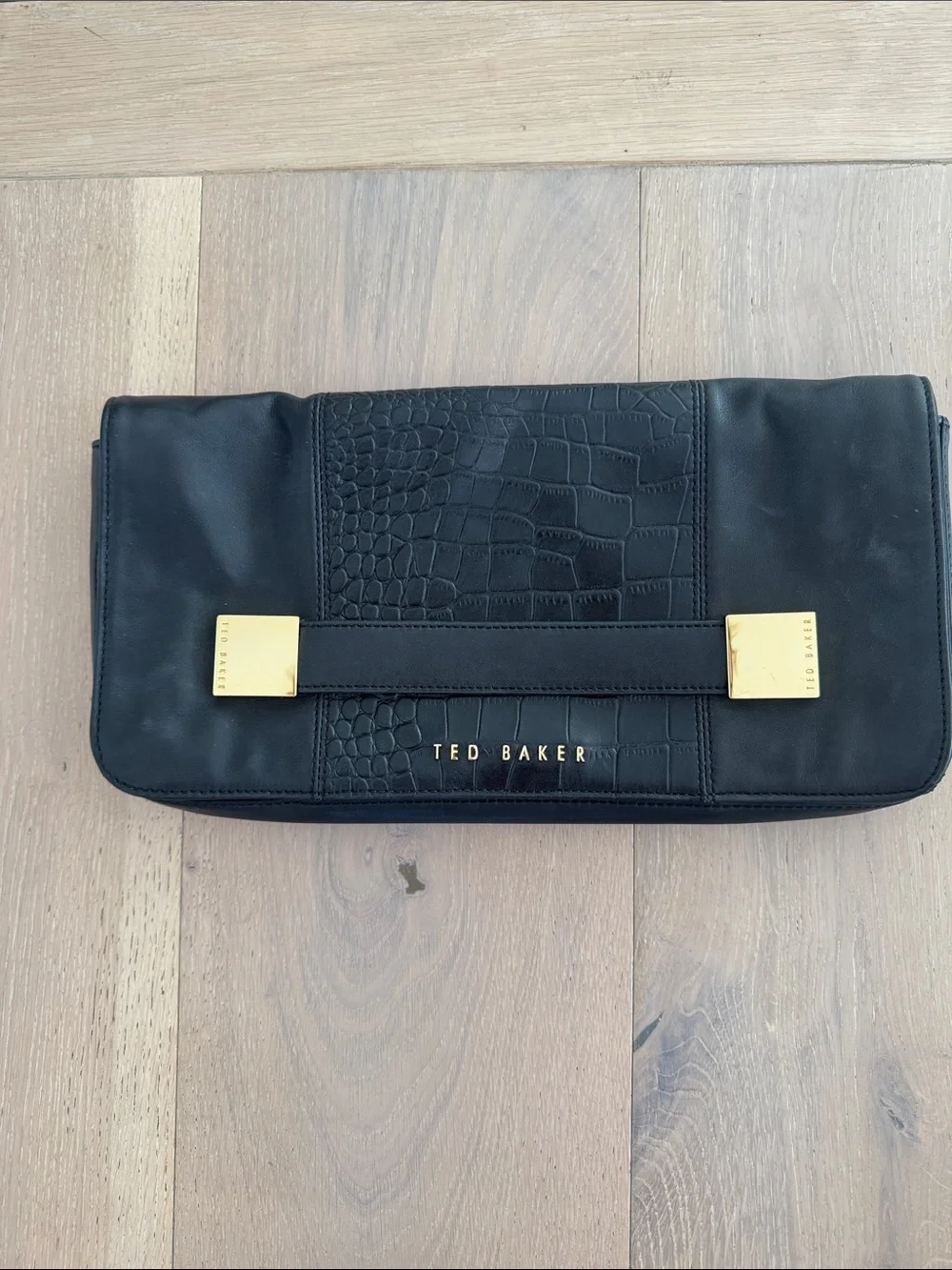 Ted Baker Black Croc-Accent Clutch with Gold Hardware